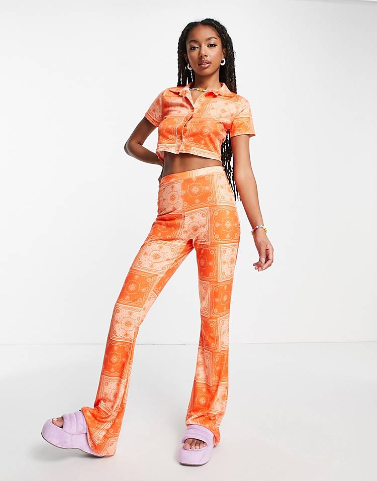 Daisy Street high waisted flare pants in orange bandana - part of a set